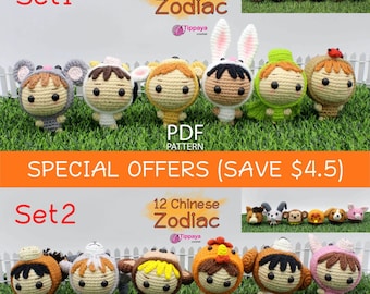 May include: Two sets of 12 crochet amigurumi animal figures representing the Chinese Zodiac. Each set includes a different color scheme and features a cute, cartoon-like style. The animals are arranged in a row on a green grassy surface. The text "12 Chinese Zodiac" and "Set 1" and "Set 2" are visible in the image.