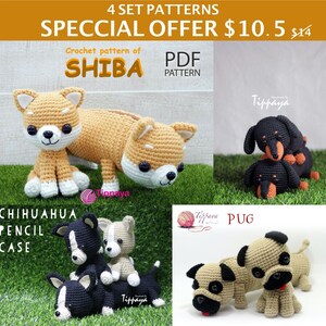 犬のかぎ針編みパターン バンドル パック、かぎ針編みパターン、あみぐるみパターン、あみぐるみ動物、あみぐるみダックスフント、あみぐるみしば、あみぐるみ