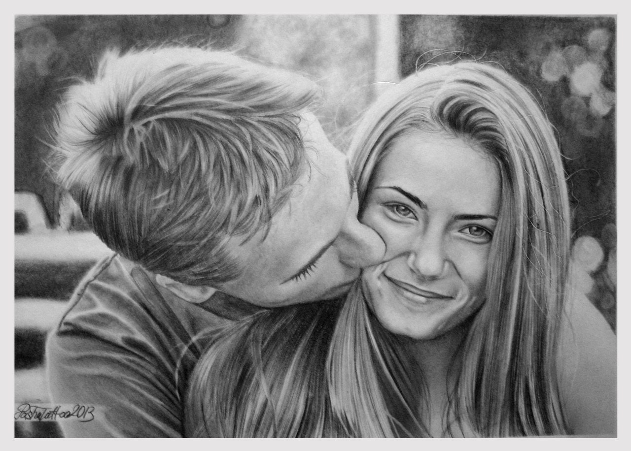 Smooth Black And White Couple Portrait Pencil Sketch Size A3