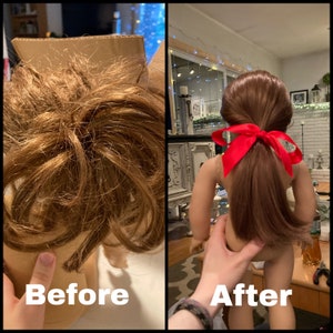 May include: Before and after photos of a doll's hair. The doll's hair is in a messy bun in the before photo and a neat ponytail with a red bow in the after photo.