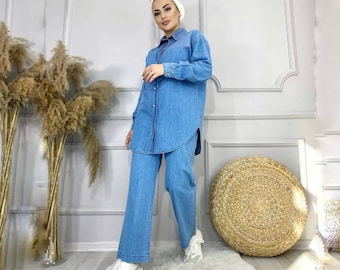 軽量デニムスーツ - ブルーのシャツとパンツ、イスラム教徒の服