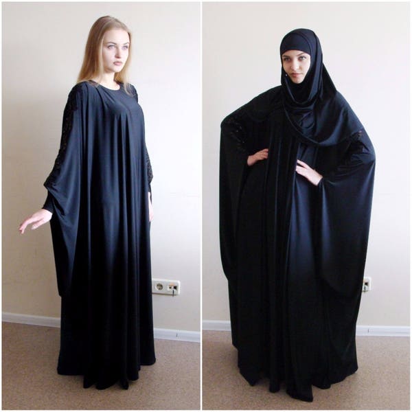 Robe musulmane noire élégante, caftan Farasha, abaya taille Ower, hijab, robe longue grande taille, robe de mariée musulmane, jilbab élégant, robe en dentelle