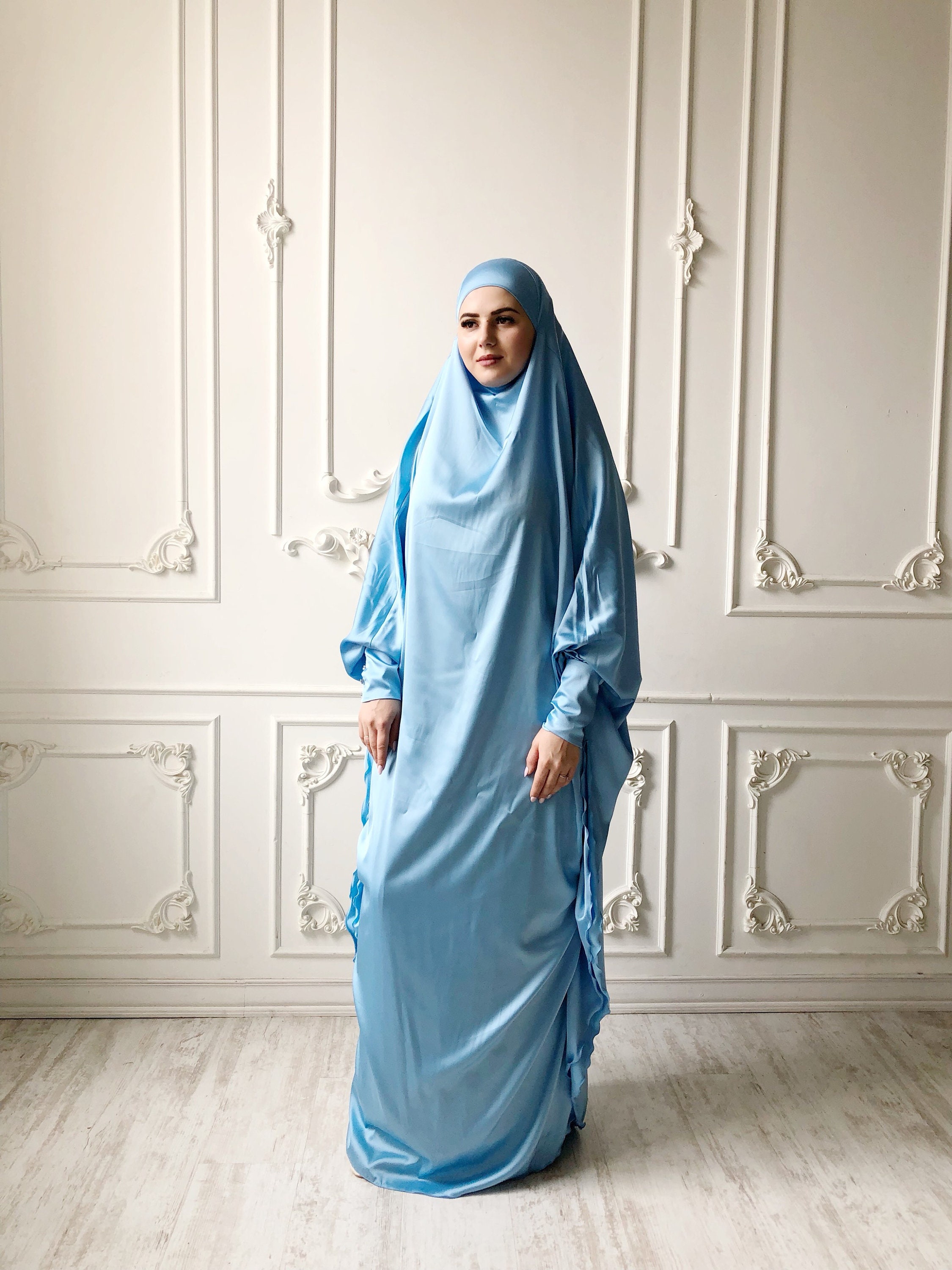 Sky Blue Long Silk Khimar Elegant Blue Muslim Dress Burqa image