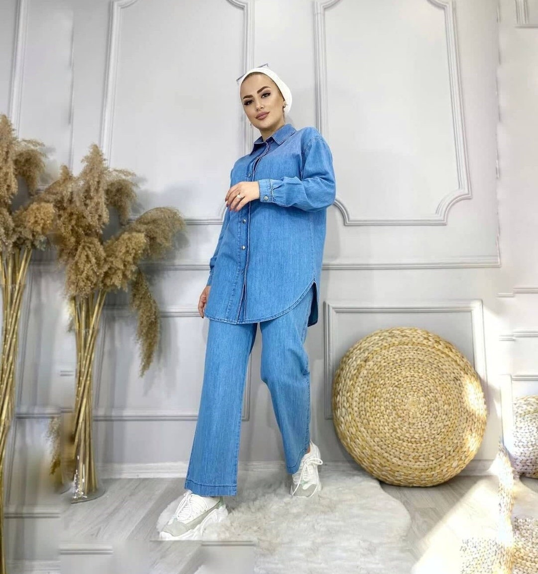 denim dress muslimah malaysia Modern Muslim Women's Relaxed Denim Maxi Dress