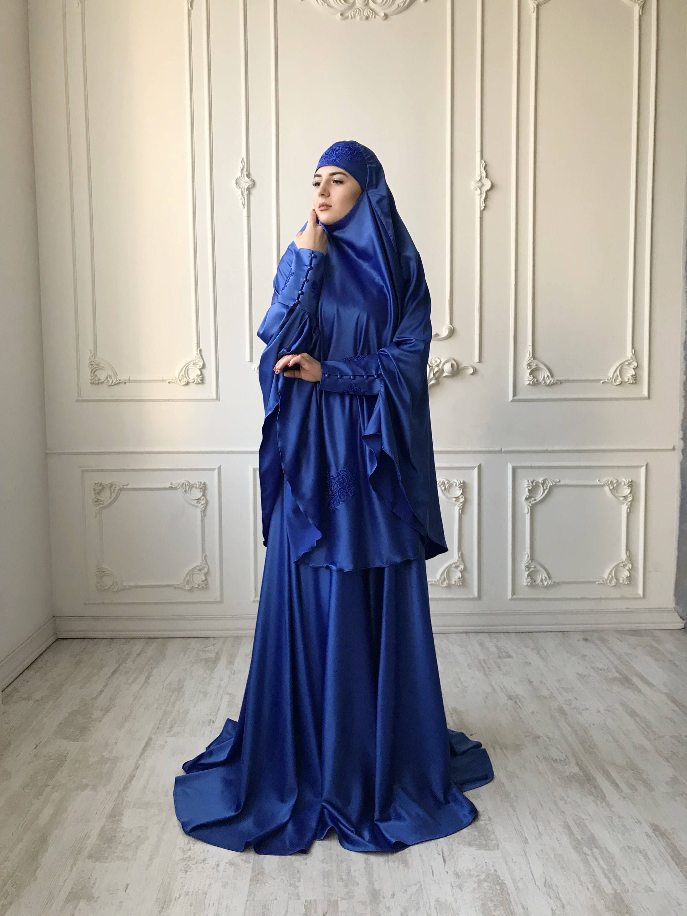 blue dress in dream islam Elegant Royal Silk Jilbab, Lace Trim Khimar, Islamic I just love a Size:1 XL a line graduation dresses a perfect choice for