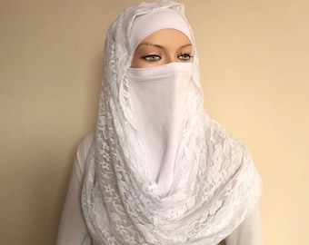 White Lace Infinity Scarf, Wedding Bridal Veil, Modern Hijab