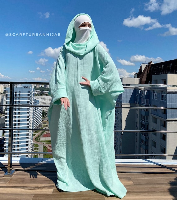 Mint Cotton Maxi Dress with Hood, Boho Muslim Abaya