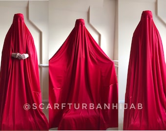 Red Afghan burqa, silk khimar cape, niqab, full long hijab