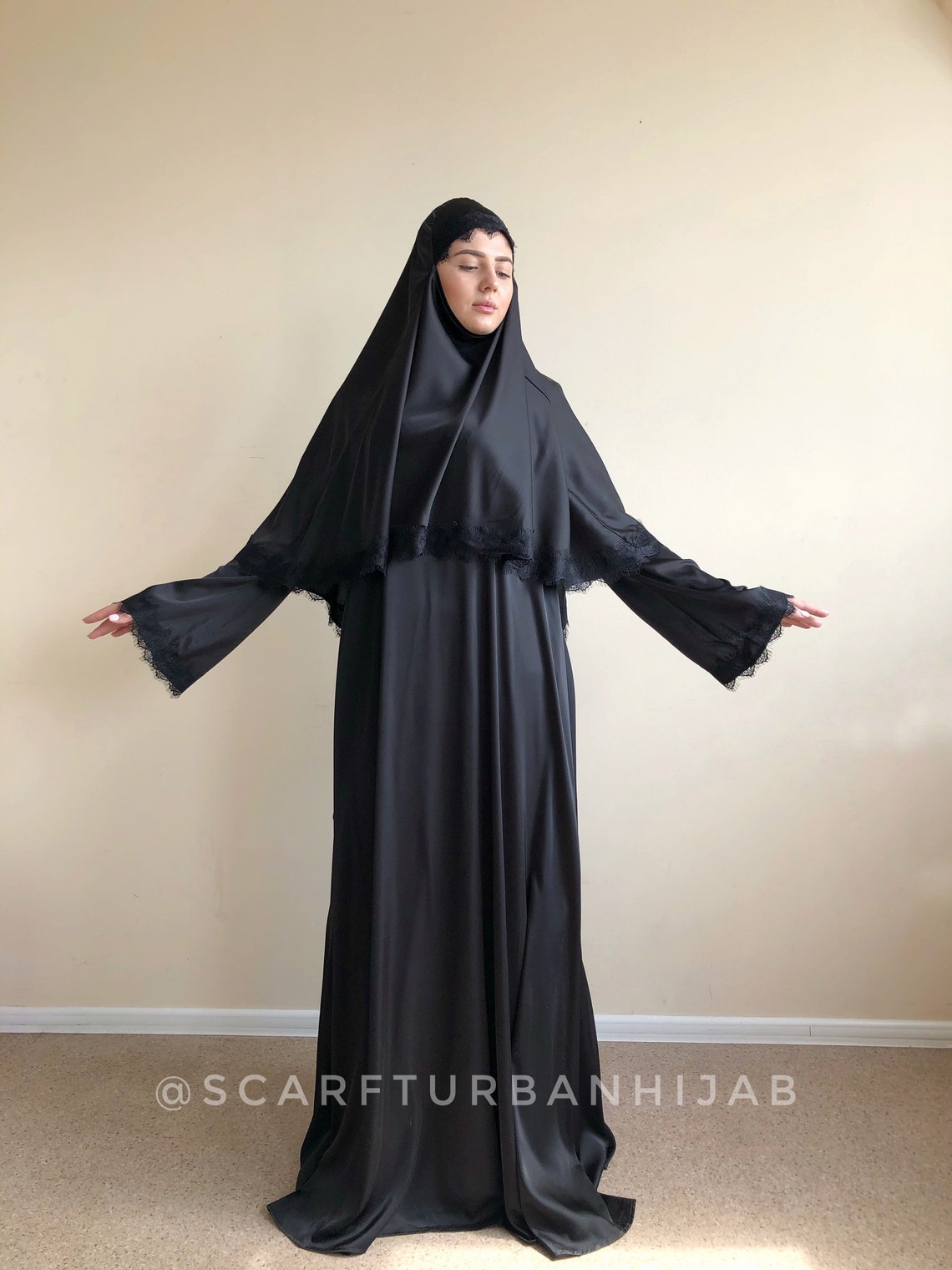 Black silk elegant dress lace abaya stylish hijab khimar | Etsy