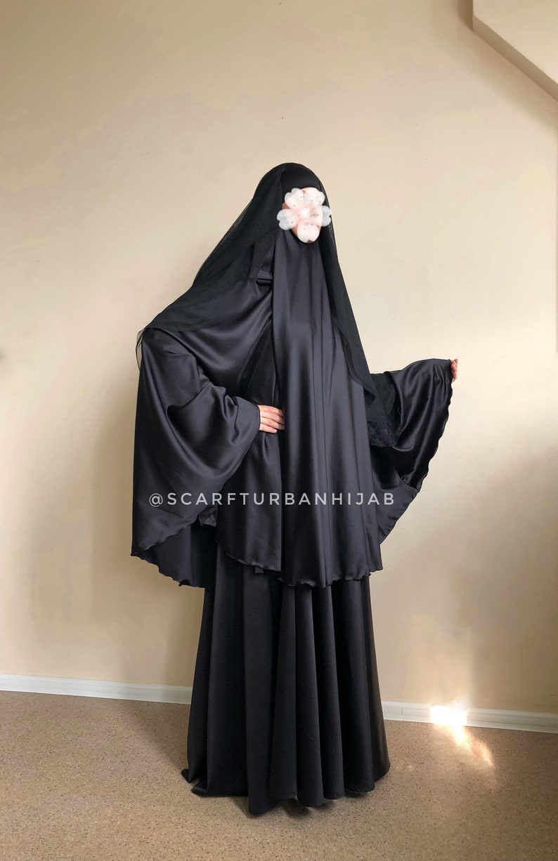  l gant costume musulman BlACK avec voile 4 couches  long 