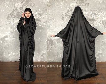 Plus size black silk khimar , muslim jilbab dress, elegant Burqa, Wedding Abaya, traditional hijab, Elegant hijab, Long burqa