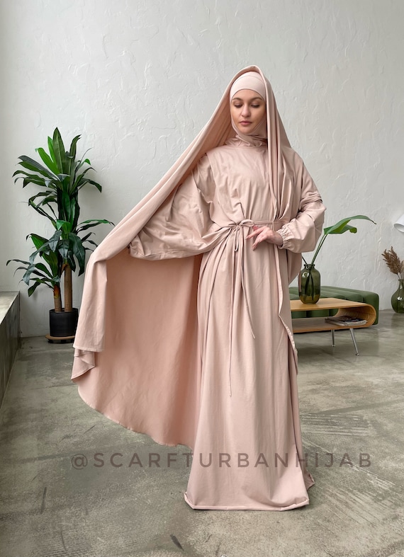 Elegant Beige Cotton Jersey Abaya Dress with Khimar Hijab