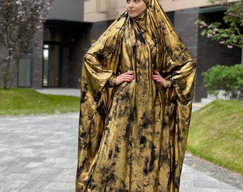 Zwart-gouden Khimar Jilbab, Dubai-abaya met volledige dekking, Nikah-hijab