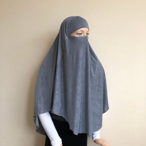 Shiny Gray Jersey Khimar, Traditional Muslim Hijab, Ready to Wear