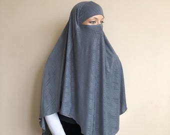 Shiny Gray Jersey Khimar, Traditional Muslim Hijab, Ready to Wear