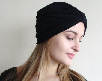 Turbante de punto de viscosa negra, sombrero boho retro