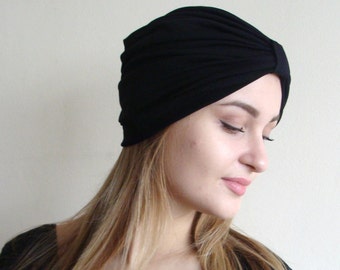 Women's black turban, full turban hat, stretchy viscose jersey turban, onix Hijab, Headband, retro turban,boho turban, Vintage hat