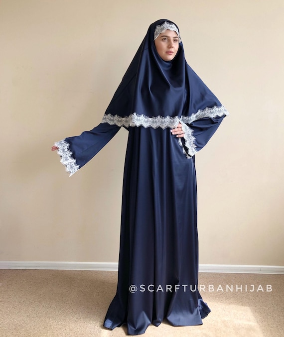 Navy Blue Silk Elegant Dress With White Lace Abaya, Stylish Hijab, Modesty  Clothing - Etsy
