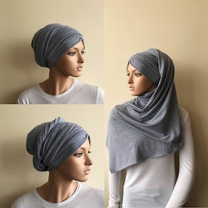 3 in one gray melange hijab -jersey turban - volume ready turban - vintage hat - elegant covering - sinar - bohemian headband - jewfish