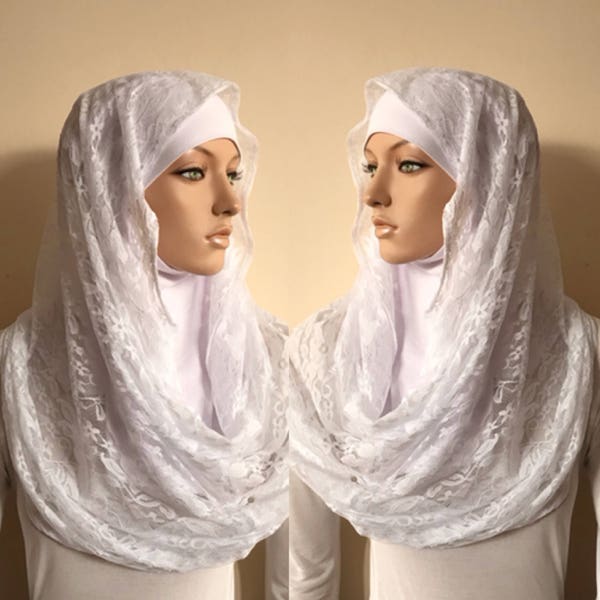 Infinity white lace scarf, wedding hijab, catholic bridal veil, chapel scarf, lace Modern hijab, Ready to wear hijab,Scarf Handmade, Church