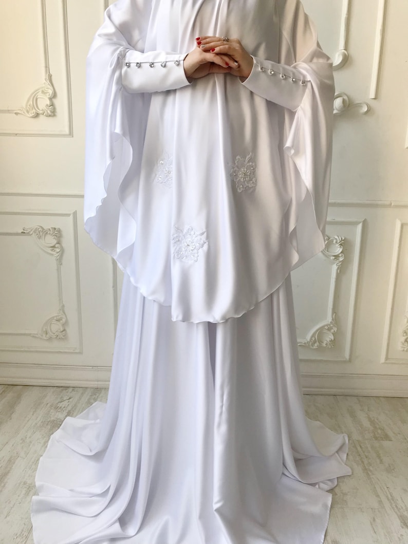 Elegant white Muslim suit Silk bridal jilbab wedding 