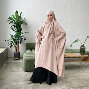 Elegant beige long cotton jersey khimar asymmetrical length