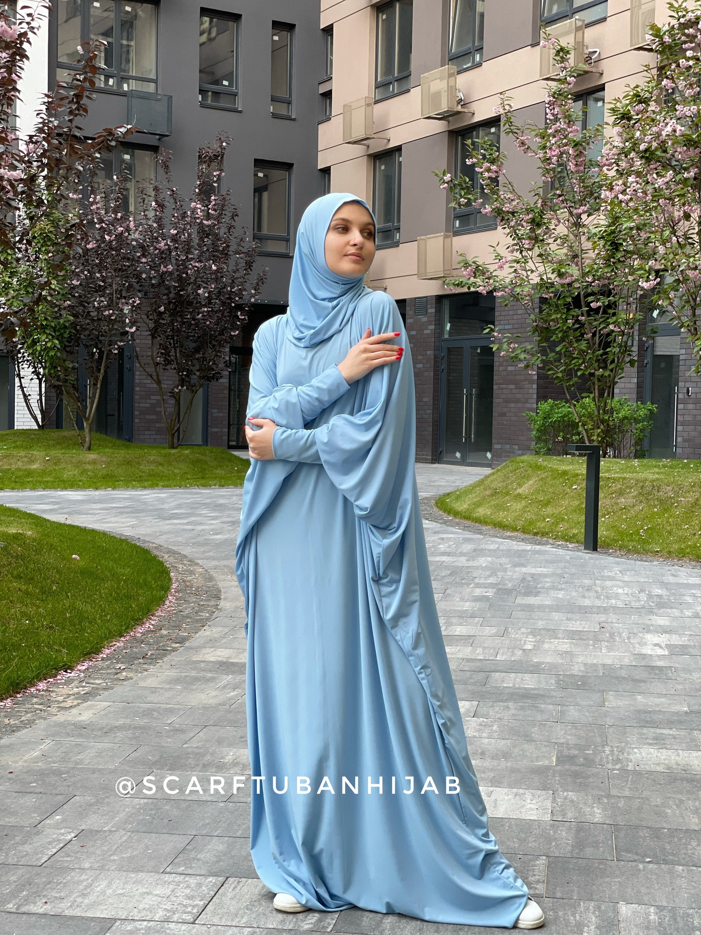 Sky Blue Prayer Dress, Farasha Caftan, Khimar Dress, Muslim