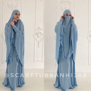 Sky blue Khimar niqab transformer,  traditional ready to wear long hijab with skirt, islamic gift, muslim dress abaya, elegant burqa