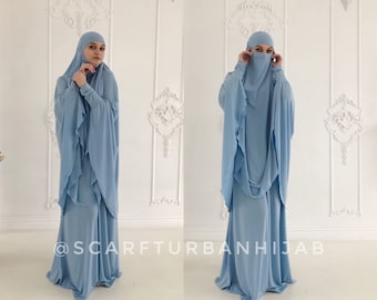 Sky blue Khimar niqab transformer,  traditional ready to wear long hijab with skirt, islamic gift, muslim dress abaya, elegant burqa