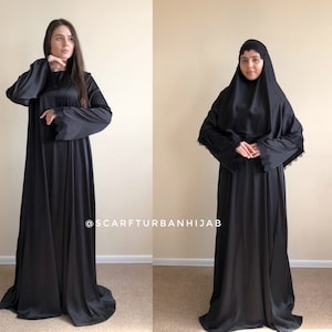 Black silk elegant dress, lace abaya, stylish hijab khimar, modesty clothing, total black look