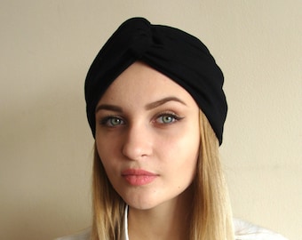 Turbante de punto de viscosa negra, diadema boho, sombrero de estilo vintage