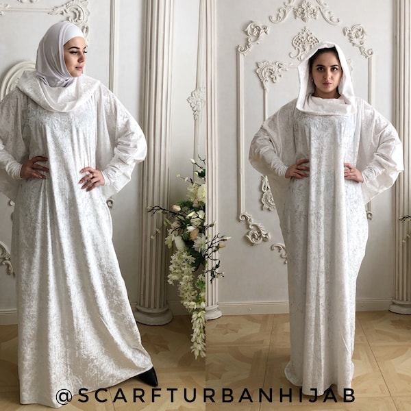 White  color velvet fee size maxi dress with hood, mantle dress, plus size evening clothing, wedding elegant dress, Muslim abaya