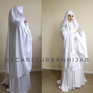 White Muslim wedding suit, bridal Silk jilbab, White khimar, engagement islamic dress, nikah outfit, Hajji clothing