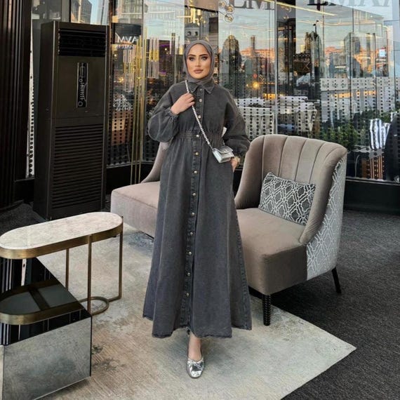Modest Dark Gray Denim Dress With Elastic Belt and Long Sleeves, Abaya  Winter Spring - Etsy