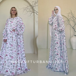 Long Muslim Dress with Unique Soft Pink Rose Print
