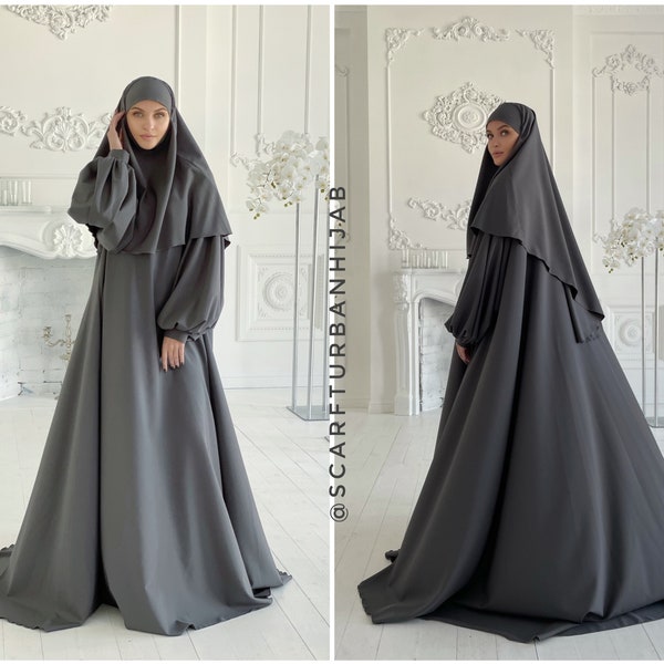 Elegant gray maxi dress with khimar, abaya, jilbab