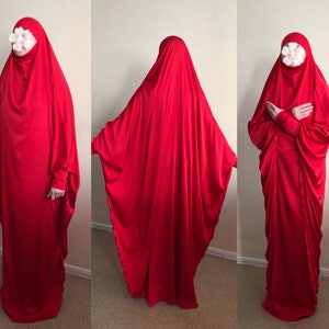 Long red Silk Khimar, muslim dress, nikkah Burqa,Wedding Abaya, traditional hijab,Elegant hijab, Long burqa, Maxi jilbab