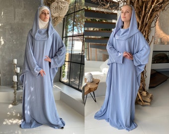 Light blue fee size crepe maxi dress with hood, Wiccan mantle, plus size boho clothing, rustic dress, Muslim abaya, Hajji clothing