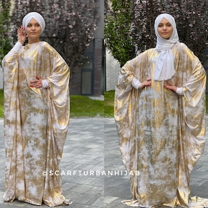 White and golden Maxi Dress Plus Size, Prayer dress, Farasha Caftan, Boho dress, Muslim abaya Dress, Modern hijab, Evening dress