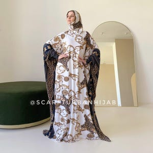 135 cm length Wide Muslim Dress with Paisley, Leopard, and Blue Stripes Print