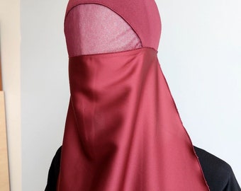 Burgundy Silk Netted Niqab, Breathable Face Veil