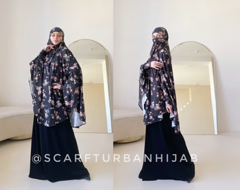 Black Floral Print khimar  transformer to niqab, jilbab