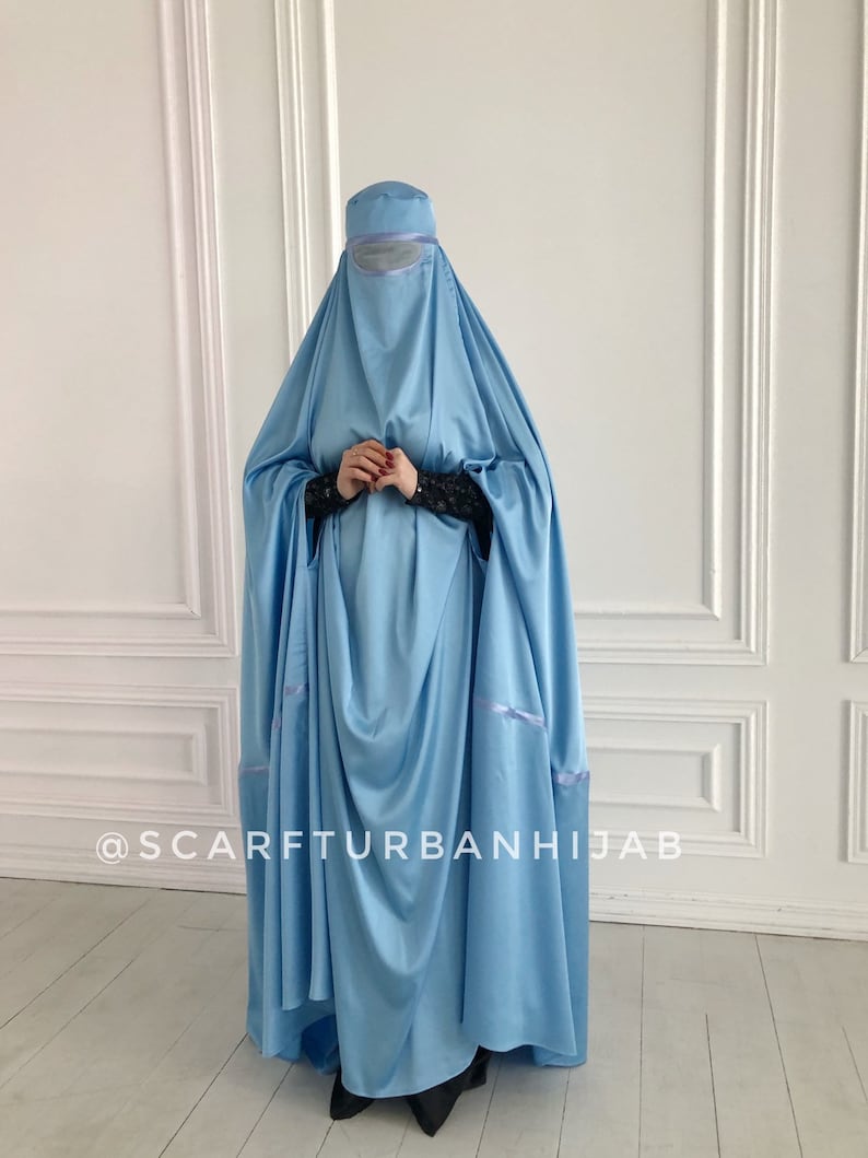 Sky Blue Afghan burqa, silk khimar cape, niqab, full long hijab image 8