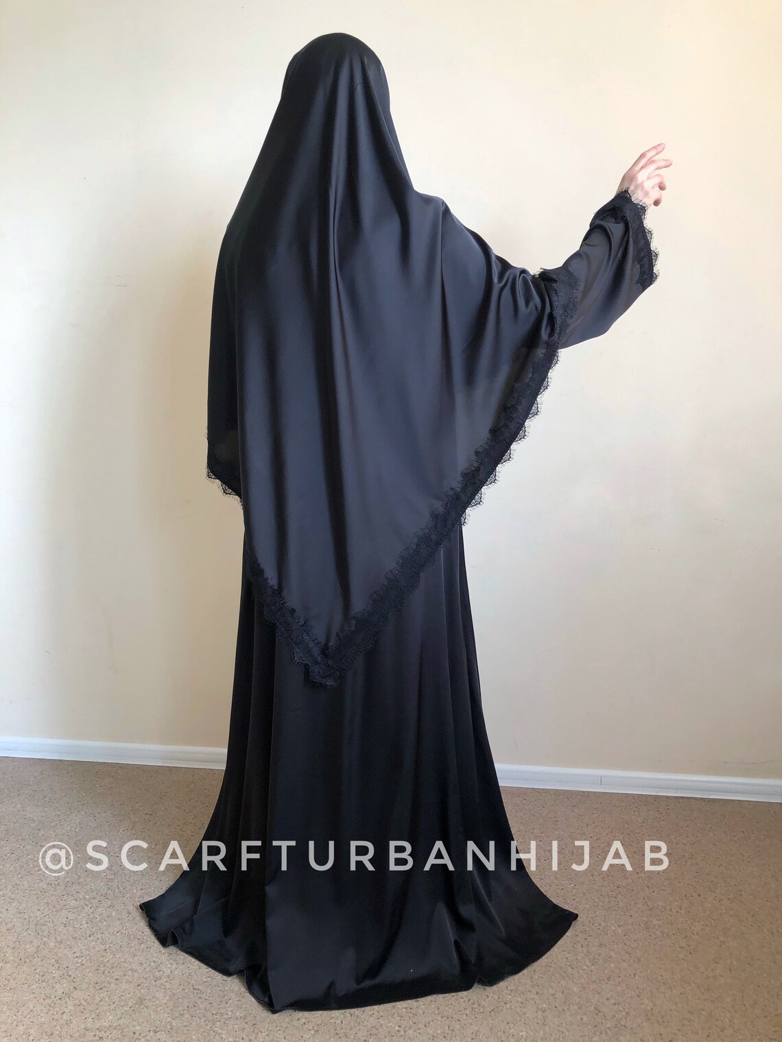 Black silk elegant dress lace abaya stylish hijab khimar | Etsy