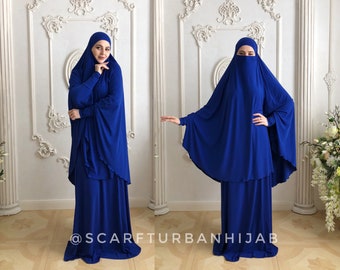 Transformateur de niqab Khimar bleu électrique, élégant hijab traditionnel bleu roi, prêt à porter long hijab avec jupe, robe musulmane