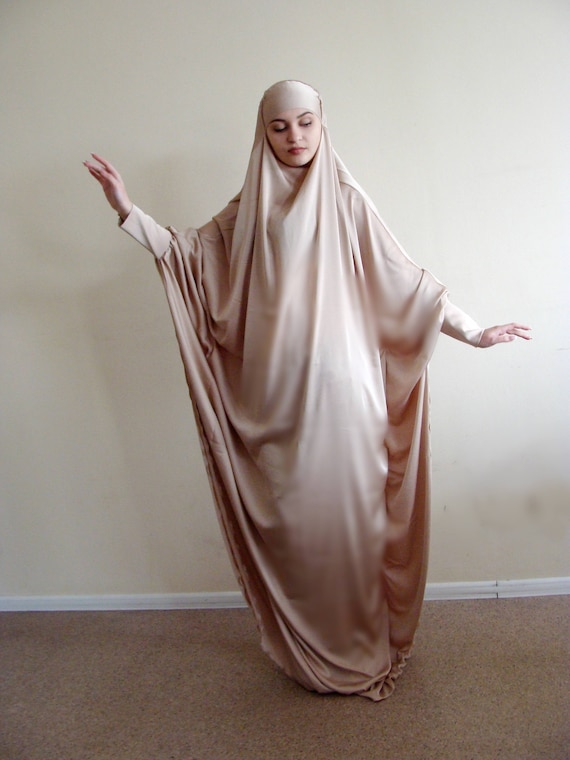 Long Silk Khimar, Elegant Beige Muslim Dress, Ready to Wear Hijab