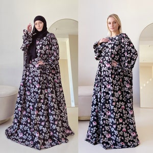 Long Muslim black Dress with Unique Soft Pink Rose Print