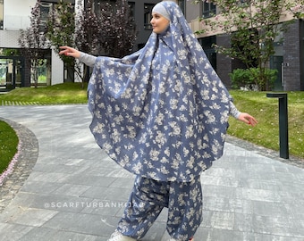 Floral Denim Khimar Suit, Islamic Sport Jilbab (S-L)