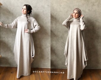Winter wol beige melange jurk, comfortabele hijab, plus grootte kostuum, islamitische kleding, engagement kleding, elegante Boho bescheidenheid Winter wol beige melange jurk, comfortabele hijab, plus grootte kostuum, islamitische kleding, engagement kleding, elegante Boho bescheidenheid