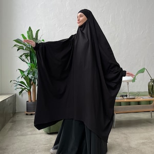 Elegant long black cotton jersey khimar asymmetrical length